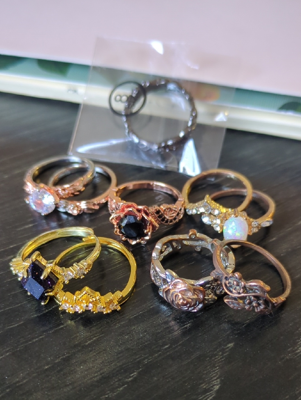 Mixed Metal Floral & Gemstone Women's Ring Set - Gold, Rose Gold, Silver